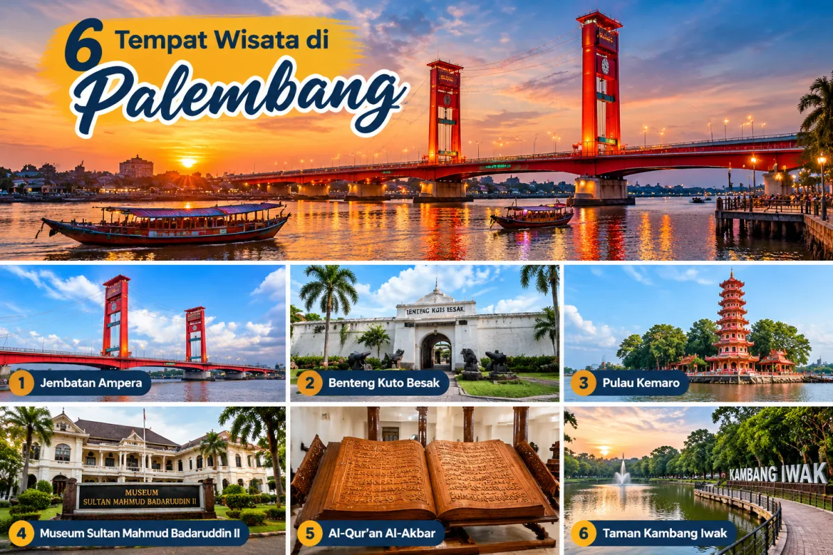 Jembatan Ampera dan Sungai Musi menjadi ikon wisata Palembang yang menawarkan perpaduan keindahan kota, sejarah, dan kehidupan masyarakat tepian sungai.